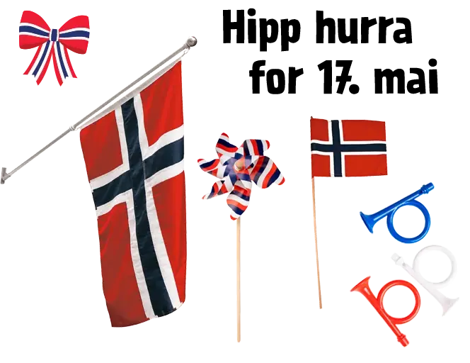 17. mai med flagger, horn og sløyfe